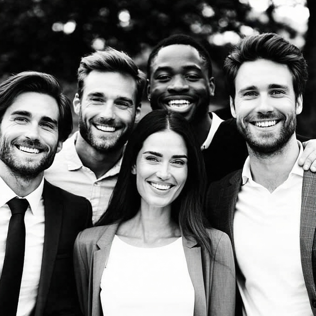 The black and white photograph captures a group of professional business people exuding confidence and camaraderie Their genuine smiles convey a sense of teamwork and optimism showcasing the vibrancy of their professional environment as they stand to-1